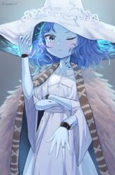  &gt;_&lt; ;&lt; blue_hair blue_skin blush cloak colored_skin cowboy_shot cracked_skin crossed_arms doll_joints dress elden_ring extra_arms extra_faces female frown fur_cloak hat hat_ornament highres hirotaka0125 jewelry joints large_hat looking_at_viewer medium_hair one_eye_closed ranni_the_witch ring solo white_dress wide_sleeves witch witch_hat wreath 