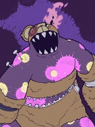  3:4 anthro bandai_namco brown_body brown_fur button_(fastener) button_eyes digimon digimon_(species) fur glowing glowing_eyes hi_res manchi_kaaan monster nails plushie purple_background seam_(sewing) sharp_teeth shinmonzaemon simple_background solo teddy_bear teeth zipper 