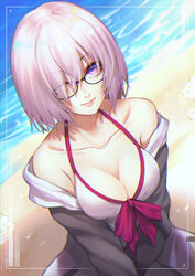  bare_shoulders beach bikini blush breasts cleavage collarbone commentary_request fate/grand_order fate_(series) female glasses grey_jacket hair_over_one_eye highres hood hooded_jacket jacket long_sleeves looking_at_viewer mash_kyrielight mash_kyrielight_(swimsuit_of_perpetual_summer) medium_breasts official_alternate_costume purple_eyes re_(re_09) short_hair smile solo swimsuit upper_body water white_bikini 