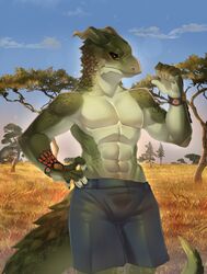  2021 5_fingers absurd_res anthro brown_eyes clothed clothing day detailed_background digital_media_(artwork) dragon eyebrows eyelashes fingers green_body green_scales hi_res horn male muscular mythological_creature mythological_scalie mythology outside rizapiska scales scalie sky solo tail topless v-cut wingless_dragon 