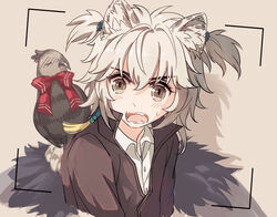  1boy aged_down alternate_hairstyle animal_ear_fluff animal_ears animal_on_shoulder arknights bird bishoujo_senshi_sailor_moon bishoujo_senshi_sailor_moon_s black_jacket blush bow chinese_commentary commentary_request derivative_work grey_background grey_eyes grey_hair hair_between_eyes jacket leopard_boy leopard_ears looking_at_viewer male_focus meme open_mouth parody red_bow sailor_moon_redraw_challenge_(meme) screenshot_redraw shengyue shirt silverash_(arknights) simple_background tenzin_(arknights) two_side_up upper_body white_shirt 