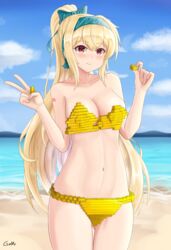  beach bikini blonde_hair blush bow breasts day female gamryous girls&#039;_frontline hairband hairbow highres holding lego lego_brick long_hair looking_at_viewer outdoors ponytail red_eyes ribbon solo sv-98_(girls&#039;_frontline) swimsuit 