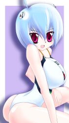  ahoge ayanami_rei blue_hair breasts large_breasts mizugi neon_genesis_evangelion one-piece_swimsuit open_mouth oppai oshiri pink_eyes plugsuit purple_eyes red_eyes short_hair side sitting thong 