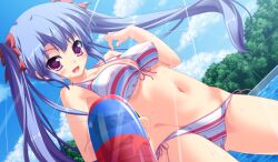  bikini blue_hair blush erect_nipples forest game_cg imouto_paradise! long_hair mizugi open_mouth puffy_nipples purple_eyes solo tagme twintails water 