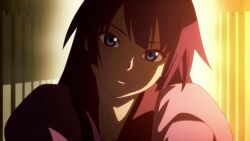  back_light bakemonogatari blue_eyes brown_hair close_up interior looking_at_viewer screen_cap senjougahara_hitagi smile 