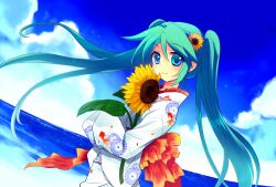  aqua_hair blue_eyes cloud day female flower hatsune_miku japanese_clothes kimono long_hair miyu_(matsunohara) ocean sky solo sunflower twintails very_long_hair vocaloid water 