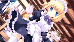  blonde_hair blue_eyes game_cg hyper_highspeed_genius indoors iris_windsor long_hair maid maid_headdress ponytail ribbon ruffles short_hair smile solo thighhighs waitress white_legwear yukiwo 