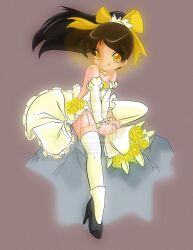  bare_shoulders bleedman bride flowers ribbon sitting_down skirt smile teasing tongue watermark yellow_eyes 