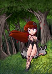  black_dress bleedman forest gothic grass long_hair oppai petals red_hair rose smile tree wind 