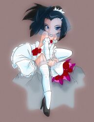  barasia bare_shoulders black_hair bleedman blue_eyes bride clips flowers ponytail posing sitting_down watermark white_dress 