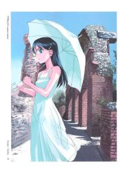  black black_hair blue_eyes blue_sky claes dress gunslinger_girl hairclip italy long_hair megane open_mouth ruins scenery solo umbrella white_dress 