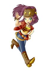  belt bleedman boots gloves green_eyes hat jeans long_hair oppai purple_hair smile 