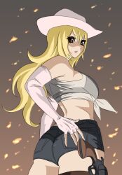  back blonde_hair bra breasts brown_eyes cowboy_hat denim denim_shorts elbow_gloves fingerless_gloves flames gloves gun hat large_breasts long_hair looking_back midriff oppai oshiri shirt short_shorts shorts side sideboob tied_shirt transparent_clothing 