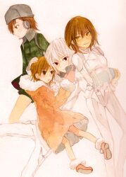  3girls accelerator arm_sling bodysuit brown_eyes brown_hair coat coveralls hat headset hug last_order male misaka_10777 misaka_imouto misaka_worst pants red_eyes shoes short_hair to_aru_majutsu_no_index white_hair 