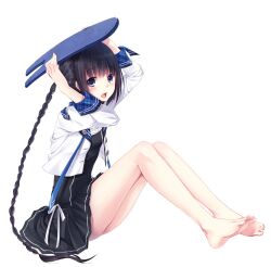  barefoot black_hair blue_eyes braid feet female itou_nanami kickboard legs long_hair open_mouth original school_uniform simple_background sitting skirt solo toes twin_braids very_long_hair 