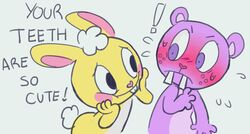  annoyed anthro beaver black_eyes blush cuddles_(htf) digital_media_(artwork) duo happy_tree_friends hi_res lagomorph leporid male male/male mammal nude purple_eyes rabbit rodent semi-anthro simple_background text toothy_(htf) white_background zonkeyshow 