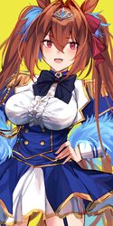  :d animal_ears black_bow black_bowtie blue_corset blue_feathers blue_garter_straps blue_jacket blue_skirt blush bow bowtie breasts brown_hair commentary_request corset daiwa_scarlet_(umamusume) epaulettes feathers female hair_between_eyes hair_intakes hairbow hand_on_own_hip highres horse_ears horse_girl jacket large_breasts long_hair looking_at_viewer md5_mismatch miyasaka_miyabi oerba_yun_fang open_mouth red_bow red_eyes resolution_mismatch shirt skirt smile solo source_larger tiara twintails umamusume underbust very_long_hair white_shirt yellow_background 