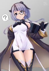  :o ? armpit_cutout asymmetrical_hair azur_lane bearn_(azur_lane) black_hair book boots breasts clothing_cutout coat covered_navel dot_nose female holding holding_book medium_breasts monocle multicolored_hair off_shoulder panties purple_eyes purple_hair signature skin_tight solo speech_bubble spoken_question_mark thigh_boots thighhighs twitter_username underwear waa!_okami 