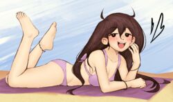  anklet barefoot beach beach_towel bikini black_eyes breasts brown_hair cabronpr collarbone feet feet_up female from_side full_body hair_between_eyes hand_up heart highres jewelry legs long_hair looking_at_viewer lying mari_(faraway)_(omori) mari_(omori) medium_breasts omocat_(style) omori on_stomach outdoors purple_bikini smug soles solo swimsuit teeth the_pose thighs toenails toes towel upper_teeth_only 