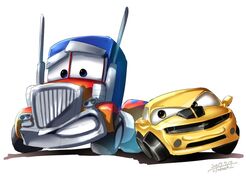  2boys autobot blue_eyes bumblebee_(transformers) car cars_(movie) chevrolet chevrolet_camaro commentary crossover dated i.takashi motor_vehicle multiple_boys muscle_car no_humans optimus_prime parody semi_truck style_parody transformers transformers_(live_action) truck vehicle_focus wheel white_background yellow_eyes 