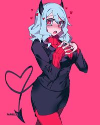  artist_name black_jacket black_skirt black_suit blush breasts buttoned_cuffs buttons commentary demon_horns demon_tail english_commentary female fingers_together formal grey_hair hair_between_eyes heart heart-shaped_pupils heart_tail helltaker highres horns jacket long_sleeves looking_at_viewer medium_breasts medium_hair miniskirt modeus_(helltaker) open_mouth pantyhose par0llel pencil_skirt pink_background red_eyes red_pantyhose ribbed_sweater simple_background skirt skirt_suit solo suit sweater symbol-shaped_pupils tail turtleneck turtleneck_sweater 