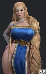  1girls 3d 3d_(artwork) aesir_(norse_mythology) big_breasts black_nails blonde_hair blue_dress blue_eyes braided_hair breasts clothed clothed_female curvy curvy_female curvy_figure female female_only fingernails front_view fully_clothed god_of_war god_of_war_ragnarok goddess grey_background hagiwara_studio hourglass_figure long_hair looking_at_viewer milf mother mythology nail_polish norse_mythology red_lips sif_(god_of_war) solo sony_interactive_entertainment tattoo tattooed_arm tattoos thick_thighs thighs twitter_username 