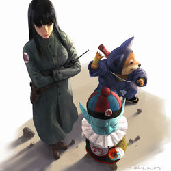  2boys artist_name black_hair blue_skin buttons closed_mouth clothing_request colored_skin commentary crossed_arms dragon_ball dragon_ball_(classic) dragon_ball_(object) english_commentary female full_body hand_up hat highres holding hood hood_up lips long_hair long_sleeves looking_away looking_down mai_(dragon_ball) multiple_boys ninja pilaf pointy_ears realistic rock sangsoo_jeong shadow shoes shuu_(dragon_ball) simple_background standing star_(symbol) star_print sword sword_behind_back walkie-talkie weapon weapon_on_back white_background 