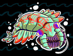  2019 ambiguous_gender anomalocarid anomalocaris antennae_(anatomy) arthropod body_in_mouth caught coyolscribbles digital_drawing_(artwork) digital_media_(artwork) duo feral fin green_body marine markings multicolored_body predator/prey purple_body purple_eyes red_markings scales trilobite x_eyes 