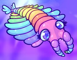  2019 anomalocarid anomalocaris arthropod colorful_theme digital_drawing_(artwork) digital_media_(artwork) female feral heart_eyes heart_symbol marine multicolored_body pandorathedragon pastel_theme purple_eyes rainbow_body solo sparklefur superflat watermark 