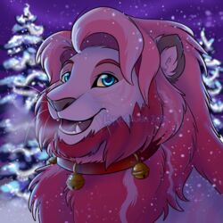  1:1 2021 ajani_(asonix) bell bell_collar blue_eyes christmas christmas_lights christmas_tree collar conditional_dnp evening eyebrows facial_hair facial_tuft felid feral grey_nose grey_outer_ear hair happy_holidays highlights_(coloring) holidays lion lynxbrush male mammal mane mane_hair night open_mouth pantherine pink_ears pink_eyebrows pink_hair pink_highlights pink_mane pink_stripes pink_whiskers plant red_collar seasonal sideburns snow snow_on_trees snowing snowing_outside solo star stripes tree tuft whiskers winter 