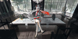  absurdres arknights bare_legs black_footwear bonsai breasts chinese_commentary colored_skin commentary crossed_legs dragon_girl dragon_horns dragon_tail dress female folded_fan folding_fan full_body gradient_skin grey_dress grey_hair hand_fan high_heels highres holding holding_fan horns indoors leg_tattoo legs lemtun long_hair looking_at_viewer medium_breasts multicolored_hair nian_(arknights) nian_(unfettered_freedom)_(arknights) official_alternate_costume on_table parted_lips pointy_ears purple_eyes red_skin sidelocks sitting sleeveless sleeveless_dress smile solo streaked_hair table tail tattoo two-tone_hair vase wooden_floor 