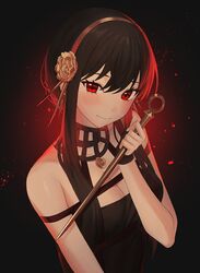  bare_shoulders black_background black_dress black_hair blush breasts cleavage dagger dalmo_(pafe2444) dress female flower gold_hairband hair_between_eyes hair_flower hair_ornament hair_up hairband highres knife long_hair looking_at_viewer medium_breasts red_eyes sidelocks smile solo spy_x_family stiletto_(weapon) upper_body weapon yor_briar 