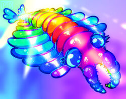  2019 anomalocarid anomalocaris arthropod blue_eyes colorful_theme digital_drawing_(artwork) digital_media_(artwork) female feral fin marine multicolored_body pandorathedragon rainbow_body scales solo sparklefur superflat third-party_edit underwater water watermark 