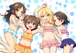  4girls akagi_miria bikini bikini_skirt black_hair blonde_hair blue_bikini blue_bow blush bow brown_eyes commentary_request flat_chest green_eyes hair_bobbles hair_ornament hairbow hairclip idolmaster idolmaster_cinderella_girls long_hair looking_at_viewer lying multiple_girls naoharu_(re_barna) navel on_back open_mouth orange_bikini pink_bikini rabbit_hair_ornament sakurai_momoka sasaki_chie short_hair smile swimsuit tachibana_arisu two_side_up 