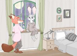  ambiguous_gender anthro barefoot bed bedding bedroom blanket bottle bottomwear brown_tail_tip canid canine clothed clothing container dipstick_ears dipstick_tail disney duo ear_markings feet fox fully_clothed fur furniture grey_body grey_fur hb_runo inside judy_hopps lagomorph lamp leporid looking_at_another mammal markings moon multicolored_ears multicolored_tail nick_wilde orange_body orange_fur pants photo pillow purple_eyes rabbit red_fox shirt sitting smile standing tail tail_markings topwear true_fox zootopia 