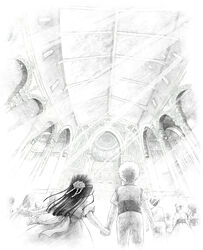  1boy absurdres back_bow bare_arms bow braid ceiling church commentary_request dress extra facing_away female from_behind greyscale hair_ornament half_updo highres holding_hands honzuki_no_gekokujou indoors long_hair long_sleeves lutz_(honzuki_no_gekokujou) millipen_(medium) monochrome myne_(honzuki_no_gekokujou) pants pillar sash short_sleeves stairs standing sunlight toto_(kinoko) traditional_media 