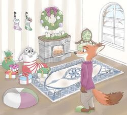  ambiguous_gender anthro bottomwear canid canine chair clothed clothing dipstick_ears dipstick_tail disney duo ear_markings ears_down fire fireplace fluffy fluffy_tail footwear fox fully_clothed fur furniture green_eyes grey_body grey_fur hb_runo holidays inside judy_hopps lagomorph leporid looking_at_another mammal markings multicolored_ears multicolored_tail nick_wilde orange_body orange_fur pants pivoted_ears purple_eyes rabbit red_fox shoes slippers smile snow sweater tail tail_markings topwear true_fox window wreath zootopia 