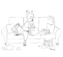  ambiguous_gender anthro bad_dragon barefoot bate_(artist) bent_legs black_and_white bottomwear box canid canine cheek_tuft christmas christmas_clothing christmas_headwear closed_eyes clothed clothing container dipstick_ears disney duo ear_markings ears_down facial_tuft feet fluffy fluffy_tail fox fully_clothed furniture gift hand_holding hat headgear headwear hi_res holidays inner_ear_fluff judy_hopps lagomorph leg_over_edge leporid mammal monochrome multicolored_ears neck_tuft nick_wilde over_edge package pants pivoted_ears playstation playstation_logo playstation_vr plushie rabbit red_fox santa_hat simple_background sitting sofa sony_corporation sony_interactive_entertainment sweater tail topwear true_fox tuft vr_headset white_background zootopia 