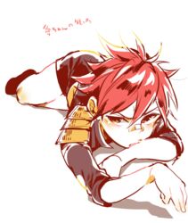  1boy aizen_kunitoshi bad_id bad_pixiv_id bandaid bandaid_on_face bandaid_on_nose blush looking_at_viewer lying male_focus mr0308 on_stomach red_hair shorts simple_background solo touken_ranbu white_background yellow_eyes 