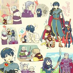  aged_down ancestor_and_descendant armor black_hair blonde_hair blue_eyes blue_hair blush cape commentary_request earrings elbow_gloves falchion_(fire_emblem) female fire_emblem fire_emblem:_mystery_of_the_emblem fire_emblem_awakening gloves guttary jagen_(fire_emblem) jewelry long_hair lucina_(fire_emblem) marth_(fire_emblem) morodof_(fire_emblem) multiple_boys open_mouth owain_(fire_emblem) short_hair smile sword weapon 