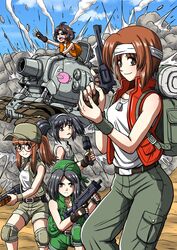  5girls akiyama_yukari anglerfish backpack bag bandana baseball_cap belt black_hair blue_sky breasts brown_belt brown_eyes brown_hair brown_shorts brown_vest cargo_pants caterpillar_tracks cleavage commentary_request cosplay crop_top day dog_tags explosion explosive facing_ahead fio_germi fio_germi_(cosplay) fish foregrip frown girls_und_panzer glasses green_bandana green_pants green_shorts green_vest grenade grey_eyes grey_vest gun hairband handgun hat headband highres holding holding_grenade holding_gun holding_weapon isuzu_hana kasamoto_eri kasamoto_eri_(cosplay) kikuchi_megane knee_pads looking_at_viewer marco_rossi marco_rossi_(cosplay) metal_slug midriff military_vehicle mittens motor_vehicle mouth_hold multiple_girls nadia_cassel nadia_cassel_(cosplay) nishizumi_miho on_vehicle open_clothes open_hatch open_vest orange_hair orange_vest outdoors pants pocket ponytail red_vest reizei_mako revolver round_eyewear s&amp;w_m29 short_hair shorts shotgun sky sleeveless smile smith_&amp;_wesson smoke stick_grenade stielhandgranate submachine_gun sunglasses sv001_(metal_slug) takebe_saori tank tank_top tarma_roving tarma_roving_(cosplay) trigger_discipline twintails utility_vest vertical_foregrip vest weapon white_hairband white_headband white_tank_top wristband 