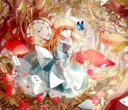  alice_(alice_in_wonderland) alice_in_wonderland apron arm_up black_ribbon blonde_hair blue_butterfly blue_dress blue_eyes bug butterfly card clock closed_mouth commentary cui_(jidanhaidaitang) dress eyelashes female flower forest four_of_clubs frilled_dress frilled_sleeves frills full_body grass hair_ornament hair_ribbon hairband highres long_hair mushroom nature neck_ribbon outdoors petals plant playing_card puffy_short_sleeves puffy_sleeves purple_flower red_flower ribbon short_sleeves sidelocks sitting solo three_of_hearts tree two_of_clubs vines watch white_apron white_hairband white_ribbon yellow_flower 