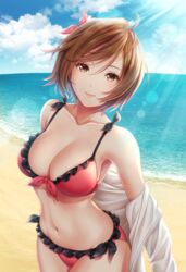  bare_shoulders beach bikini blue_sky breasts brown_eyes brown_hair cleavage clothes_down cloud cloudy_sky collarbone commentary cowboy_shot day female frilled_bikini frills groin hair_ribbon highres jacket kirita_asami large_breasts light_rays looking_at_viewer meiko_(vocaloid) navel ocean open_clothes open_jacket outdoors project_diva_(series) red_bikini ribbon short_hair sky smile solo swimsuit unzipped vocaloid white_jacket 