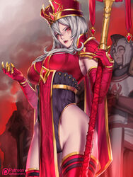  absurdres armor breasts chinese_commentary commentary_request crown elbow_gloves female fingernails forehead_jewel gloves hair_ornament hat heroes_of_the_storm highleg highleg_leotard highres human_(warcraft) kumiko_shiba large_breasts leotard lips long_hair nose pale_skin parted_lips patreon_username pauldrons pelvic_curtain priest_(warcraft) red_eyes red_gloves red_legwear sally_whitemane scar scar_across_eye scar_on_face sharp_fingernails shoulder_armor silver_hair solo_focus staff tabard thighhighs underbust warcraft world_of_warcraft 