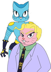  anthro armor blonde_hair blue_body blue_fur bracers buckteeth cartoon_network clothed clothing color_edit colored dbaru felid female fur hair husband jojo&#039;s_bizarre_adventure killer_queen lagomorph leporid looking_at_viewer male mammal mature_female mature_male meme necktie nicole_watterson pink_body pink_fur rabbit richard_watterson simple_background suit teeth the_amazing_world_of_gumball third-party_edit whiskers white_background wife yoshikage_kira 