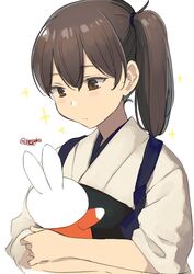  brown_eyes brown_hair commentary_request doll female highres holding holding_doll japanese_clothes kaga_(kancolle) kantai_collection long_hair looking_at_doll looking_at_object masukuza_j miffy miffy_(character) muneate side_ponytail simple_background solo tasuki twitter_username upper_body white_background 