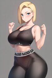  1girls ai_generated android_18 big_breasts blacked blacked_clothing blonde_hair blue_eyes blush breasts cleavage dragon_ball dragon_ball_z female female_focus female_only fit highres hourglass_figure light-skinned_female midriff milf nai_diffusion navel qos queen_of_spades see-through short_hair sideboob solo spade_tattoo sports_bra stable_diffusion tattoo thong wide_hips yoga_pants 