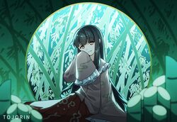  artist_name bamboo bamboo_forest black_hair commentary english_commentary female forest hime_cut houraisan_kaguya japanese_clothes long_hair long_sleeves mixed-language_commentary nature pink_shirt red_skirt shirt sitting skirt sleeves_past_fingers sleeves_past_wrists smile solo tojorin touhou touhou_lost_branch_of_legend wide_sleeves yellow_eyes yokozuwari 