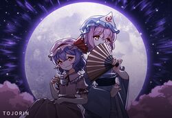  2girls artist_name blue_headwear blue_kimono cherry_blossoms collared_shirt commentary cup english_commentary fangs frilled_shirt_collar frilled_sleeves frills full_moon hand_fan hat holding holding_fan japanese_clothes kimono long_sleeves mixed-language_commentary mob_cap moon multiple_girls obi orange_eyes pink_hair pink_headwear pink_skirt puffy_short_sleeves puffy_sleeves purple_hair red_eyes remilia_scarlet saigyouji_yuyuko sash shirt short_hair short_sleeves skin_fangs skirt skirt_set sky star_(sky) starry_sky teacup tojorin touhou touhou_lost_branch_of_legend vampire wide_sleeves 