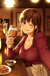  :q alcohol almond artist_name bar_(place) beer beer_tap blush bow bowl breasts brown_bow brown_hair brown_skirt cashew cellphone cleavage closed_mouth collarbone commentary cowboy_shot cup domestic_na_kanojo drinking_glass elbow_rest eyebrows_hidden_by_hair female fingernails food from_side green_eyes hands_up hanging_light highres holding holding_cup indoors large_breasts licking_lips long_hair long_sleeves looking_at_viewer looking_to_the_side low-cut nut_(food) official_art olive one_eye_closed pecan phone plate poster_(object) reaching reaching_towards_viewer red_shirt ribbed_shirt sasuga_kei scoop_neck selfie shirt shirt_tucked_in sitting skirt smartphone smile solo sparkle table tachibana_hina tongue tongue_out v-neck waist_bow wooden_table 